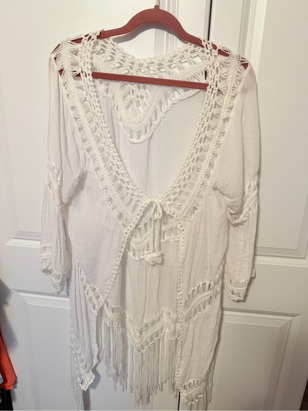 Boho Crochet Fringe Kimono Cover-Up - White